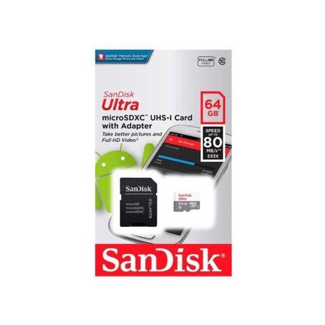 Memoria Sandisk Micro SD Clase 10 64GB 8...Computadoras Brillo